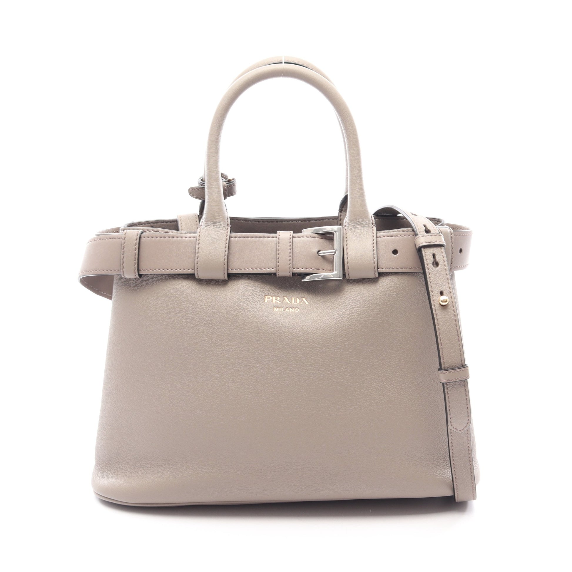 バックル ミディアム 2WAY ハンドバッグ トートバッグ レザー グレーベージュ プラダ バッグ PRADA