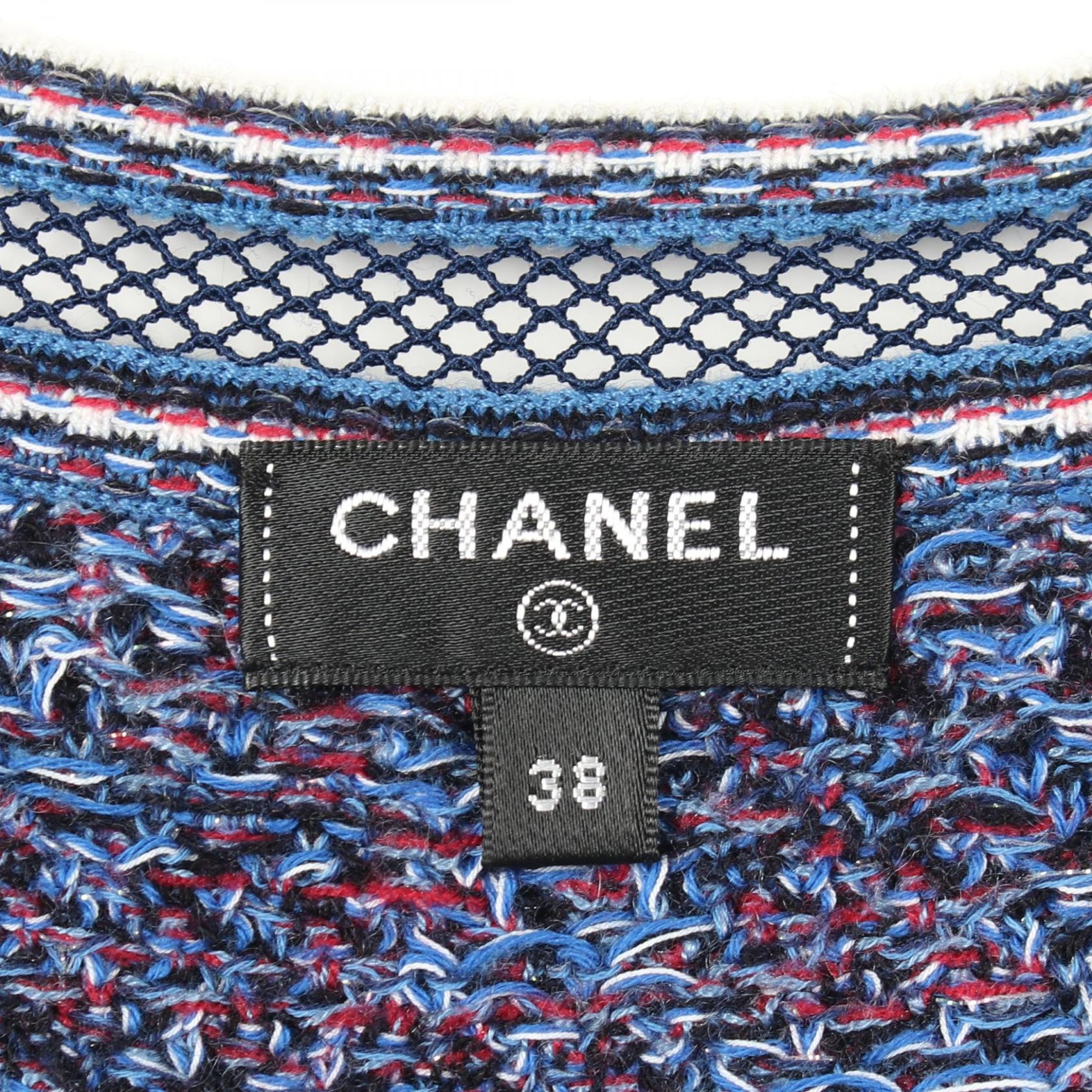 レーストリム Vネック 半袖 ニット コットン カシミヤ ウール ブルー マルチカラー シャネル トップス CHANEL