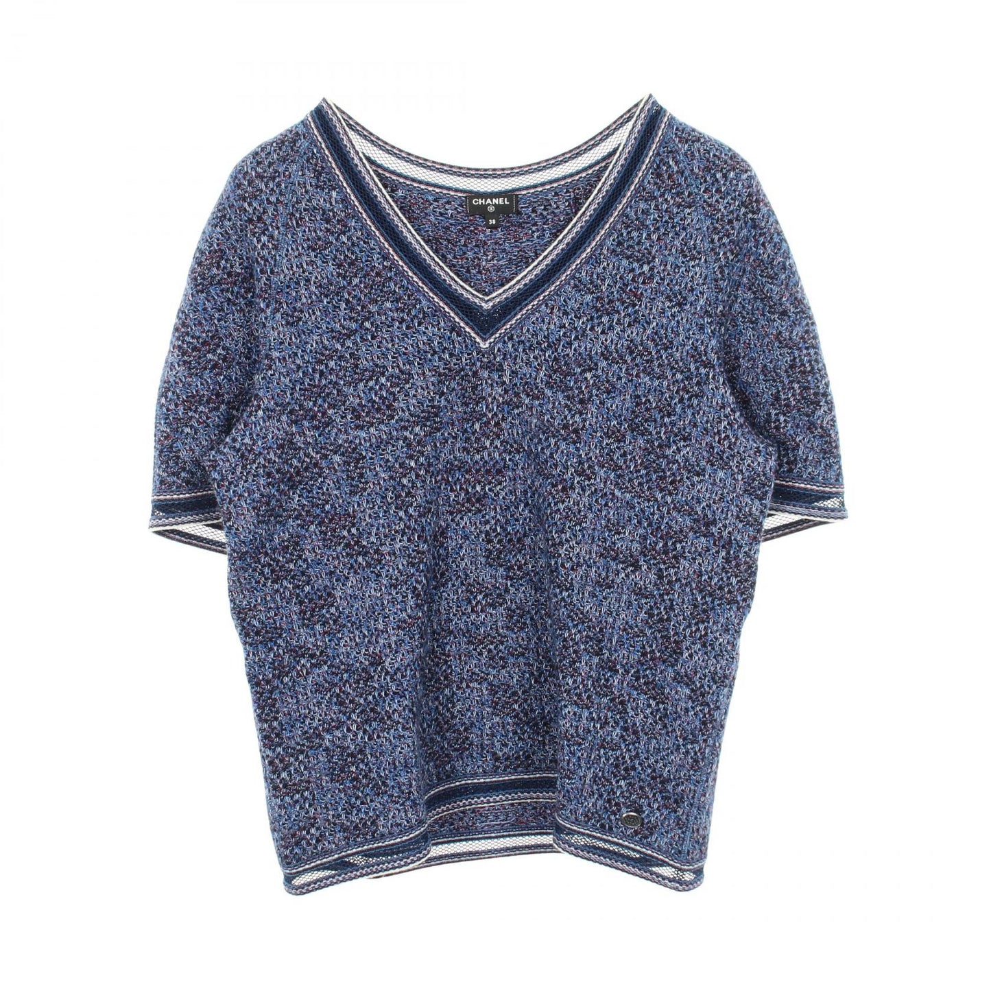 レーストリム Vネック 半袖 ニット コットン カシミヤ ウール ブルー マルチカラー シャネル トップス CHANEL