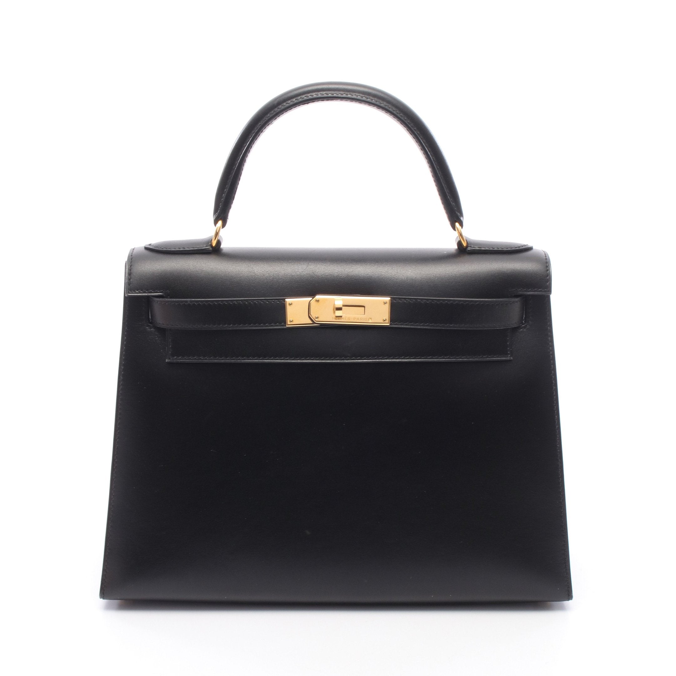 HERMES エルメス 2WAY ケリー28 外縫い ハンドバッグ 肩掛け 斜め掛け ショルダーバッグ □D刻印 ボックスカーフ    ブラック 黒 ゴールド金具 レディース 2000年【中古品】 ケリー28 外縫い 2WAY ハンドバッグ ボックスカーフ ブラック ゴールド