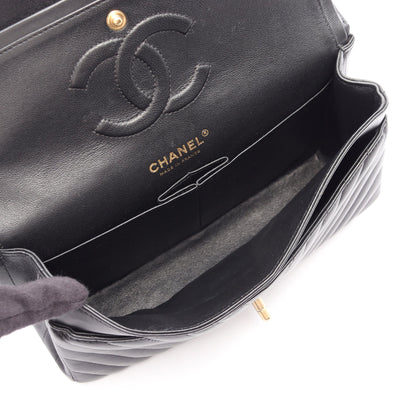 シェブロン Vステッチ Wフラップ Wチェーンショルダーバッグ ラムスキン ブラック ゴールド金具 シャネル バッグ CHANEL