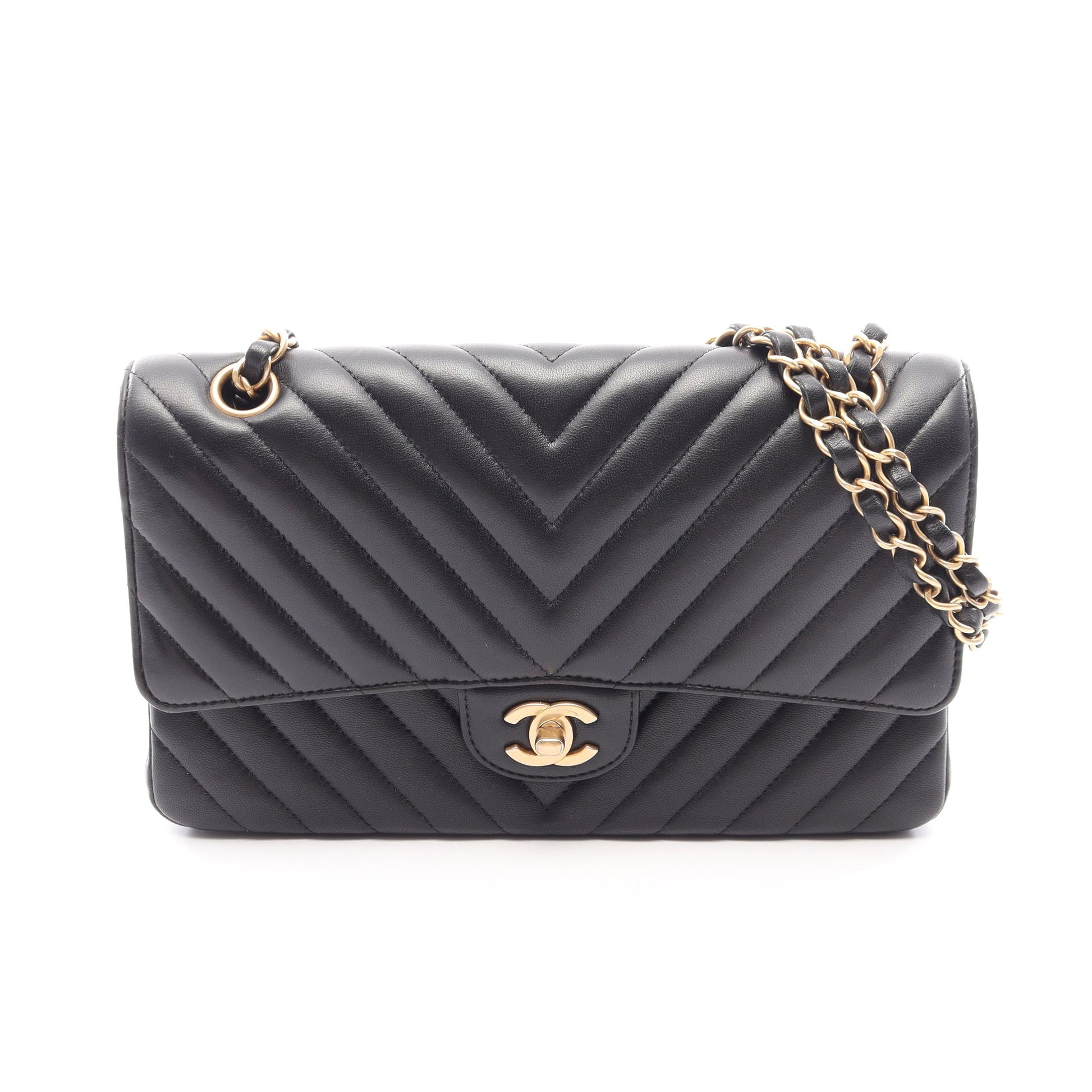 シェブロン Vステッチ Wフラップ Wチェーンショルダーバッグ ラムスキン ブラック ゴールド金具 シャネル バッグ CHANEL