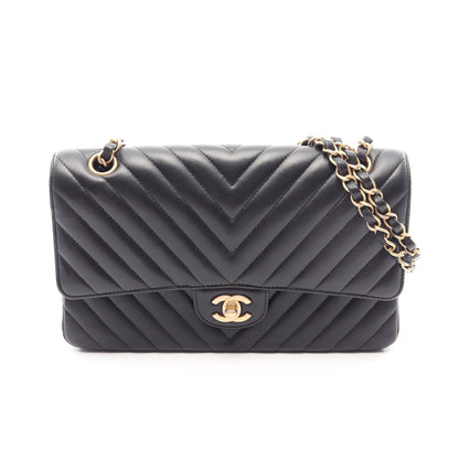 シェブロン Vステッチ Wフラップ Wチェーンショルダーバッグ ラムスキン ブラック ゴールド金具 シャネル バッグ CHANEL