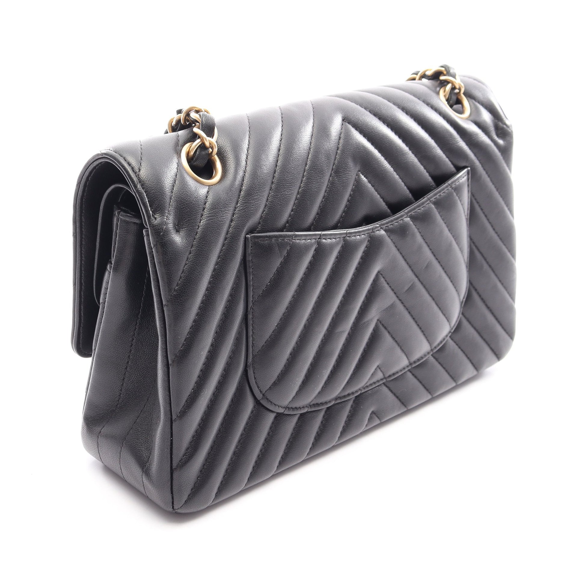 シェブロン Vステッチ Wフラップ Wチェーンショルダーバッグ ラムスキン ブラック ゴールド金具 シャネル バッグ CHANEL