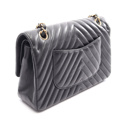 シェブロン Vステッチ Wフラップ Wチェーンショルダーバッグ ラムスキン ブラック ゴールド金具 シャネル バッグ CHANEL