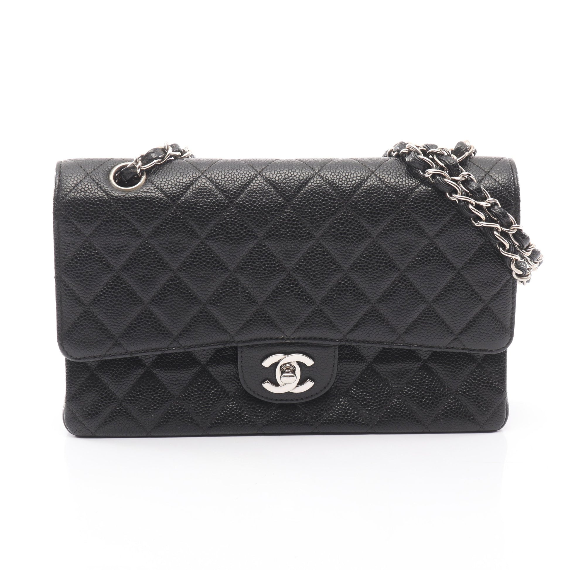 マトラッセ Wフラップ Wチェーンショルダーバッグ キャビアスキン ブラック シルバー金具 シャネル バッグ CHANEL