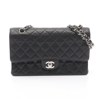 マトラッセ Wフラップ Wチェーンショルダーバッグ キャビアスキン ブラック シルバー金具 シャネル バッグ CHANEL