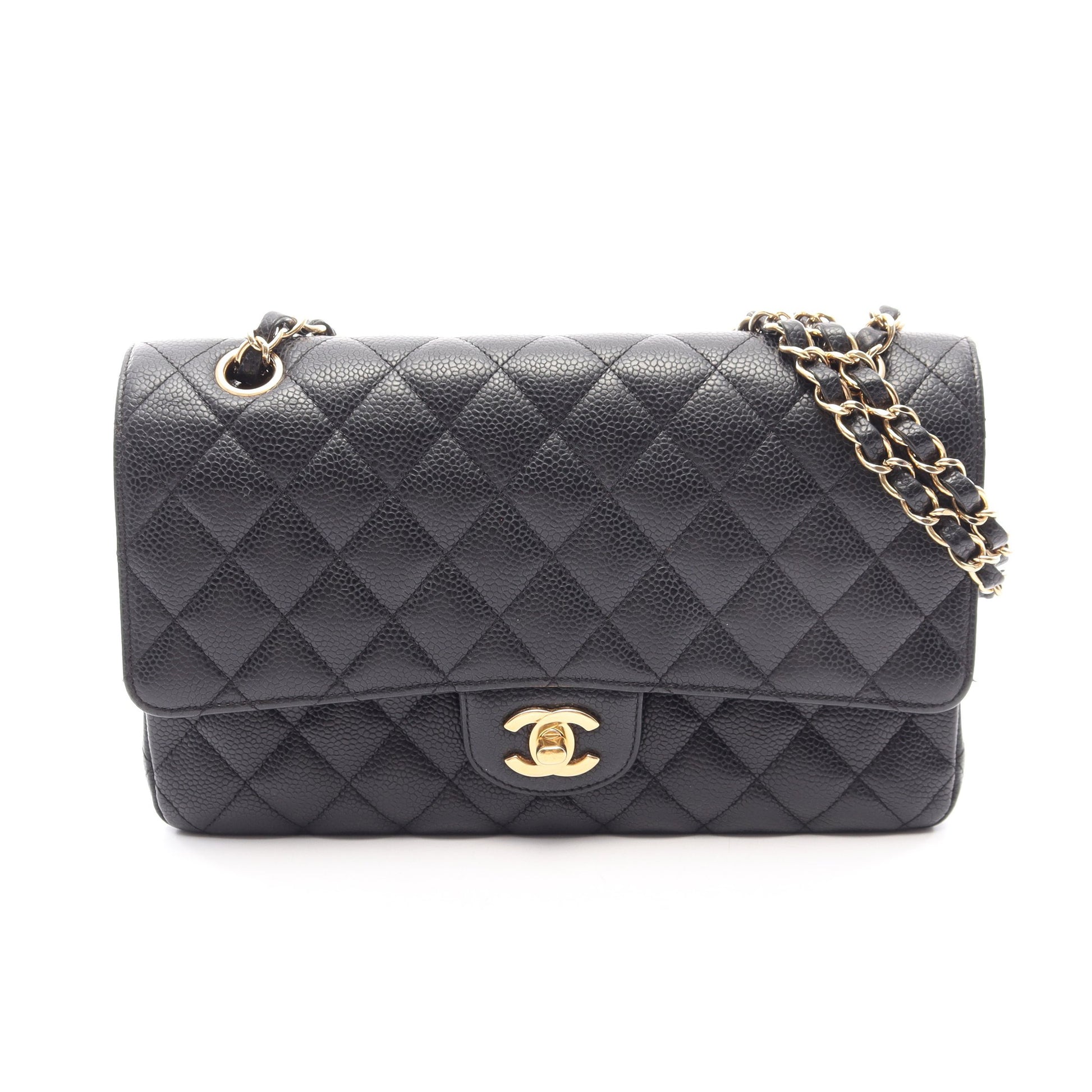 マトラッセ Wフラップ Wチェーンショルダーバッグ キャビアスキン ブラック ゴールド金具 シャネル バッグ CHANEL
