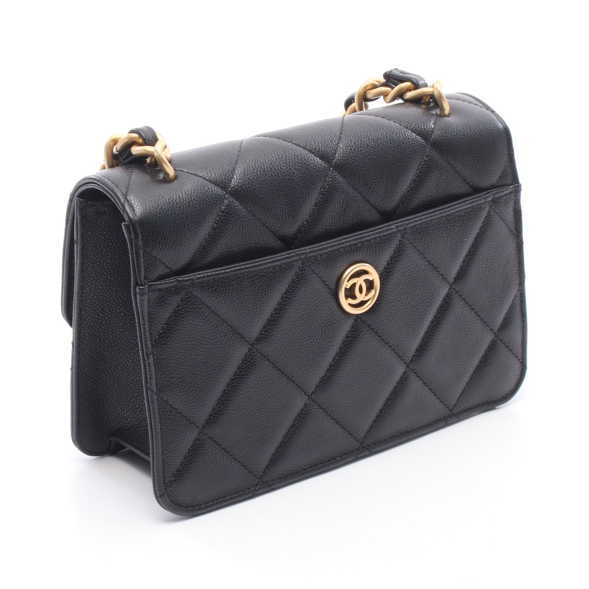 マトラッセ スモールフラップ チェーンショルダーバッグ キャビアスキン ブラック ゴールド金具 シャネル バッグ CHANEL