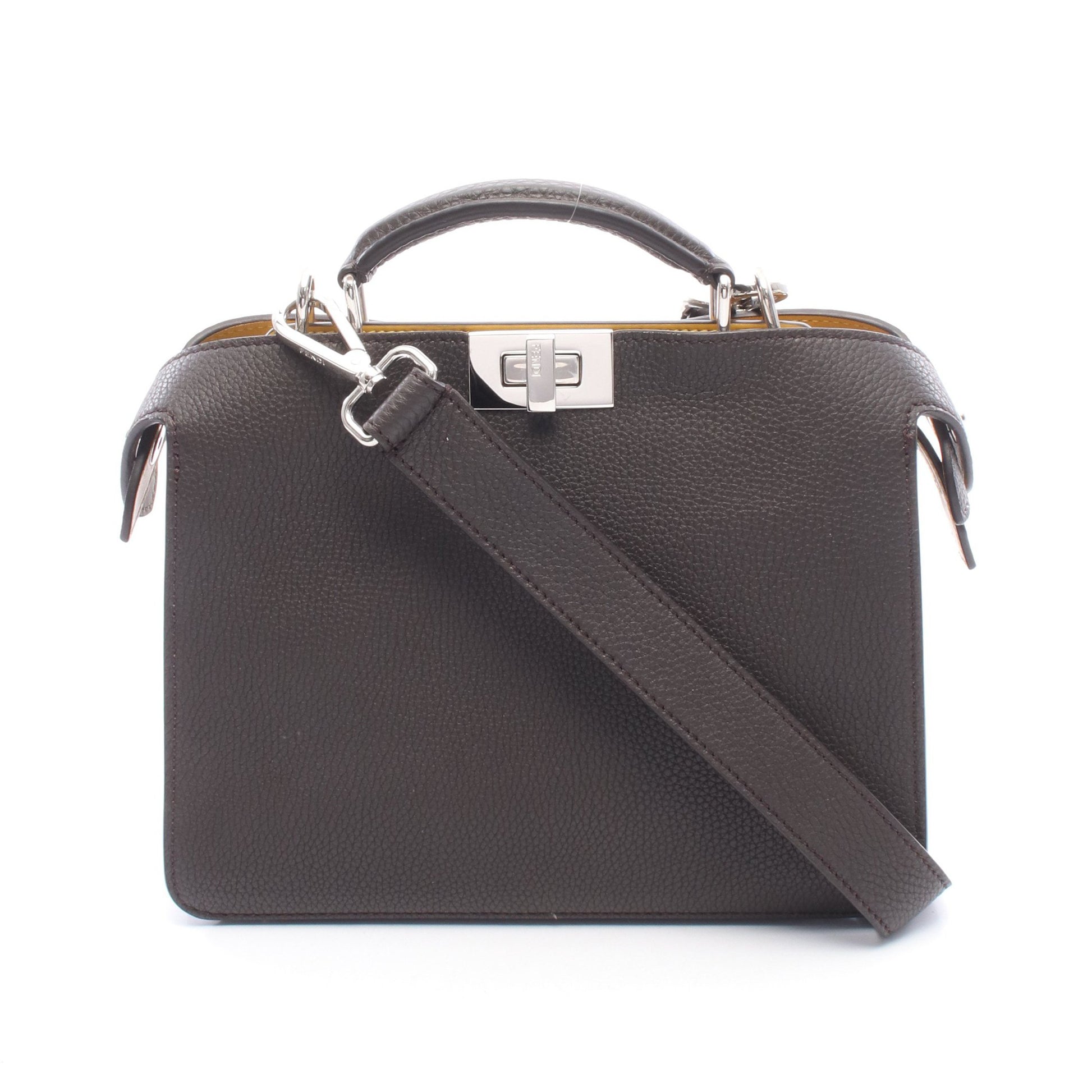 ピーカブー アイシーユー スモール 2WAY ハンドバッグ レザー ダークブラウン イエロー フェンディ バッグ FENDI