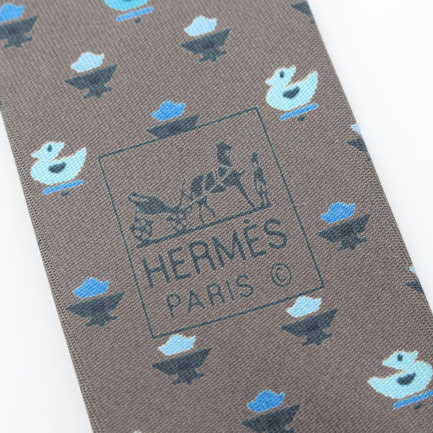 鳥柄 ネクタイ シルク グレーブラウン ブルー エルメス 財布・小物 HERMES