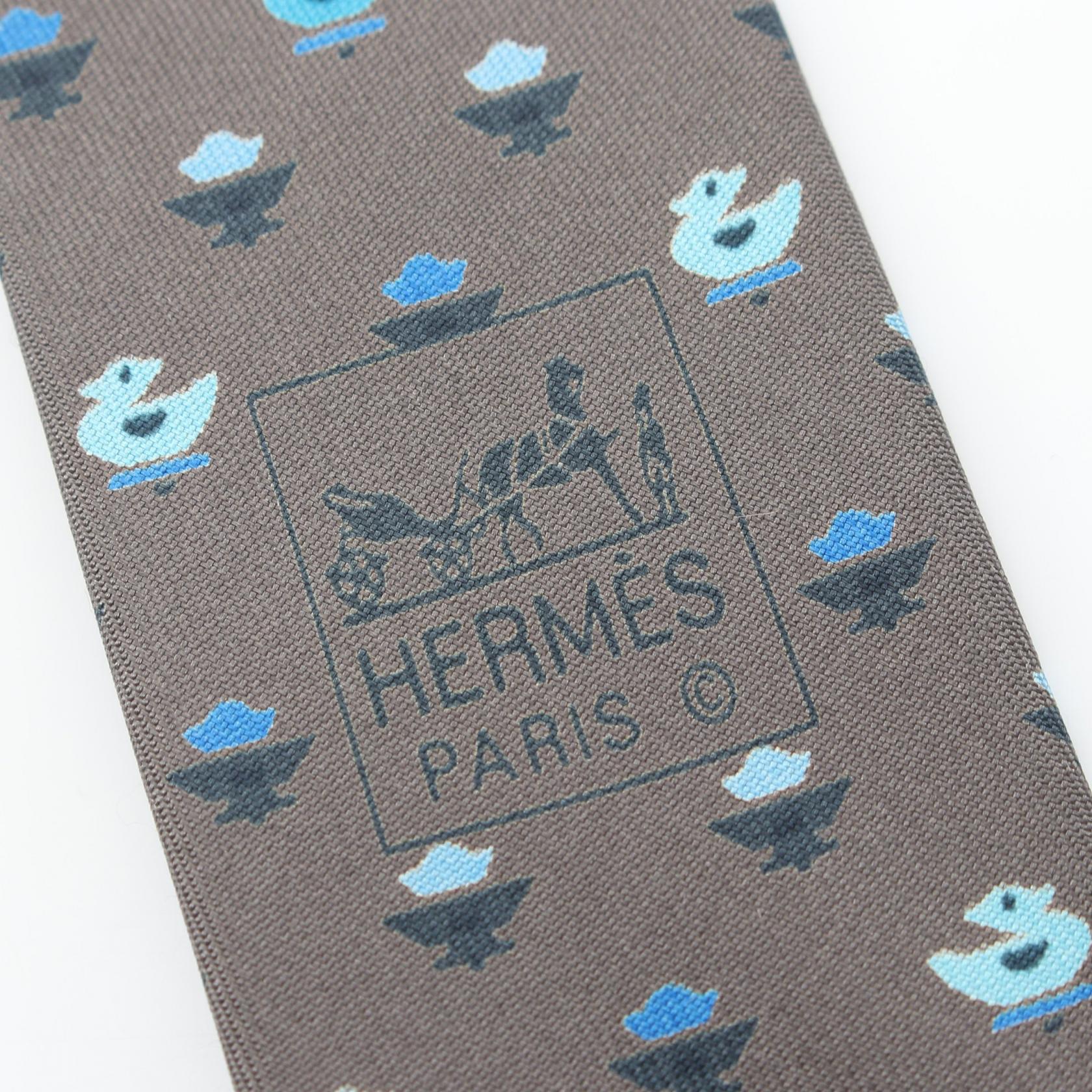 鳥柄 ネクタイ シルク グレーブラウン ブルー エルメス 財布・小物 HERMES