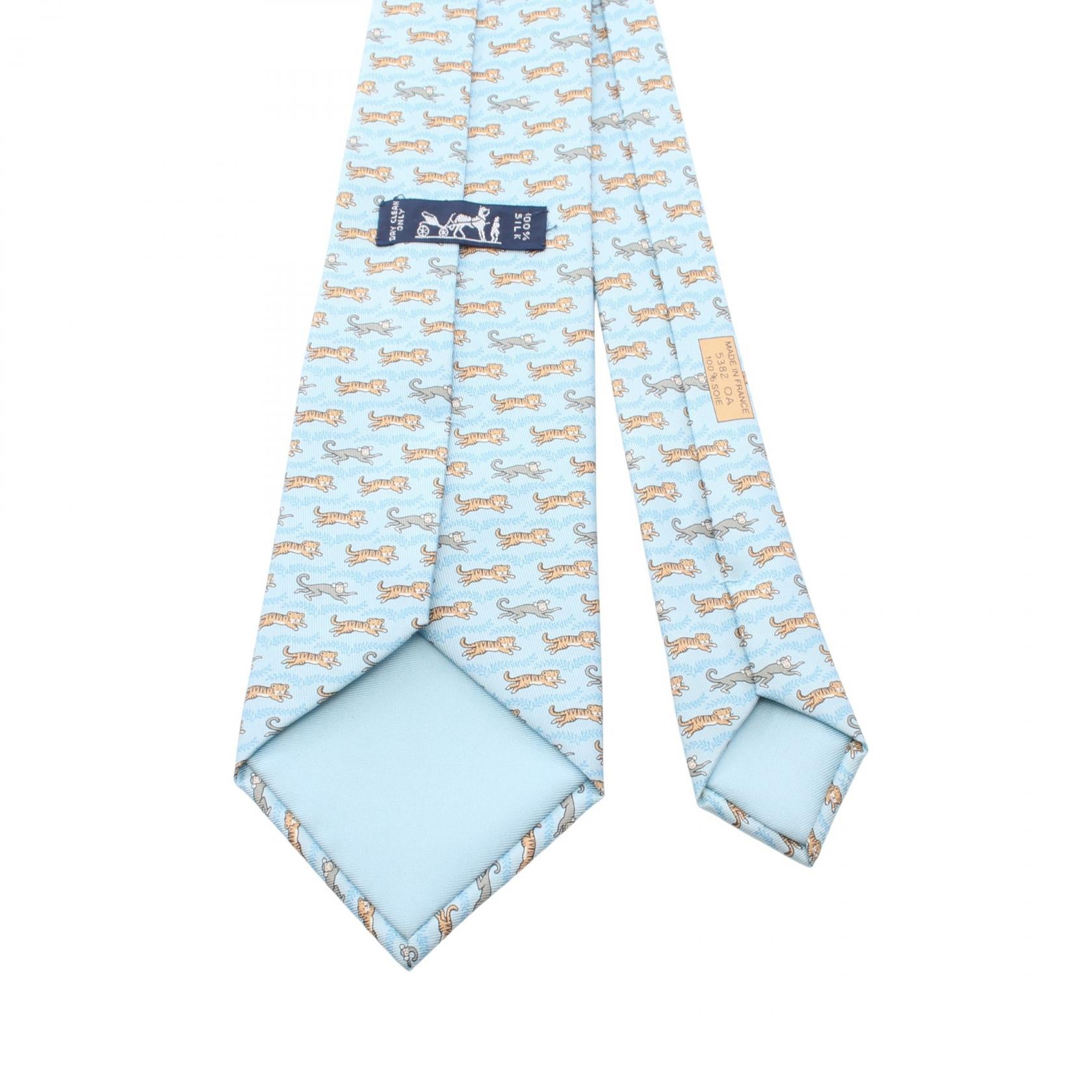 トラ柄 サル柄 ネクタイ シルク ライトブルー マルチカラー エルメス 財布・小物 HERMES