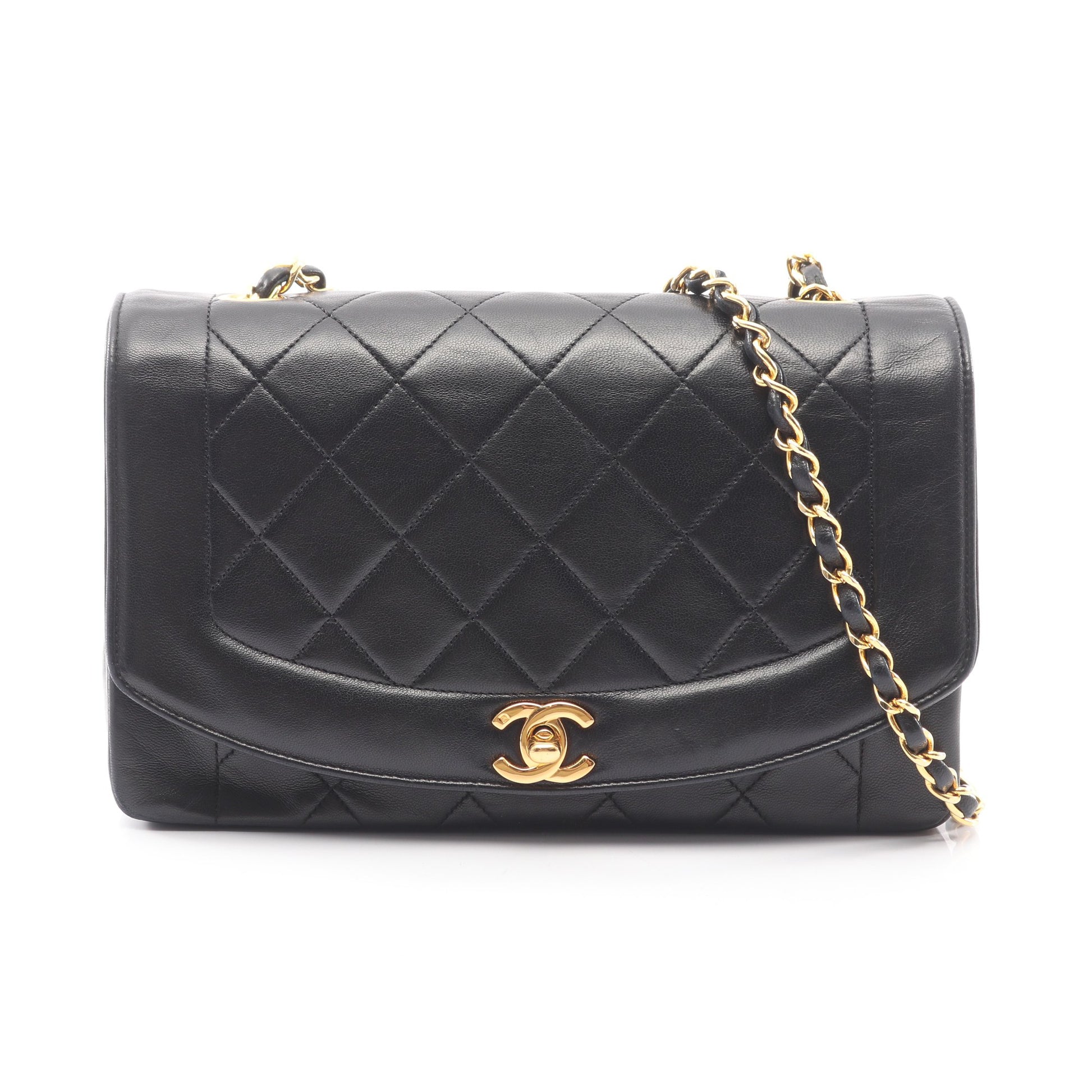 マトラッセ ダイアナフラップ チェーンショルダーバッグ ラムスキン ブラック ゴールド金具 シャネル バッグ CHANEL
