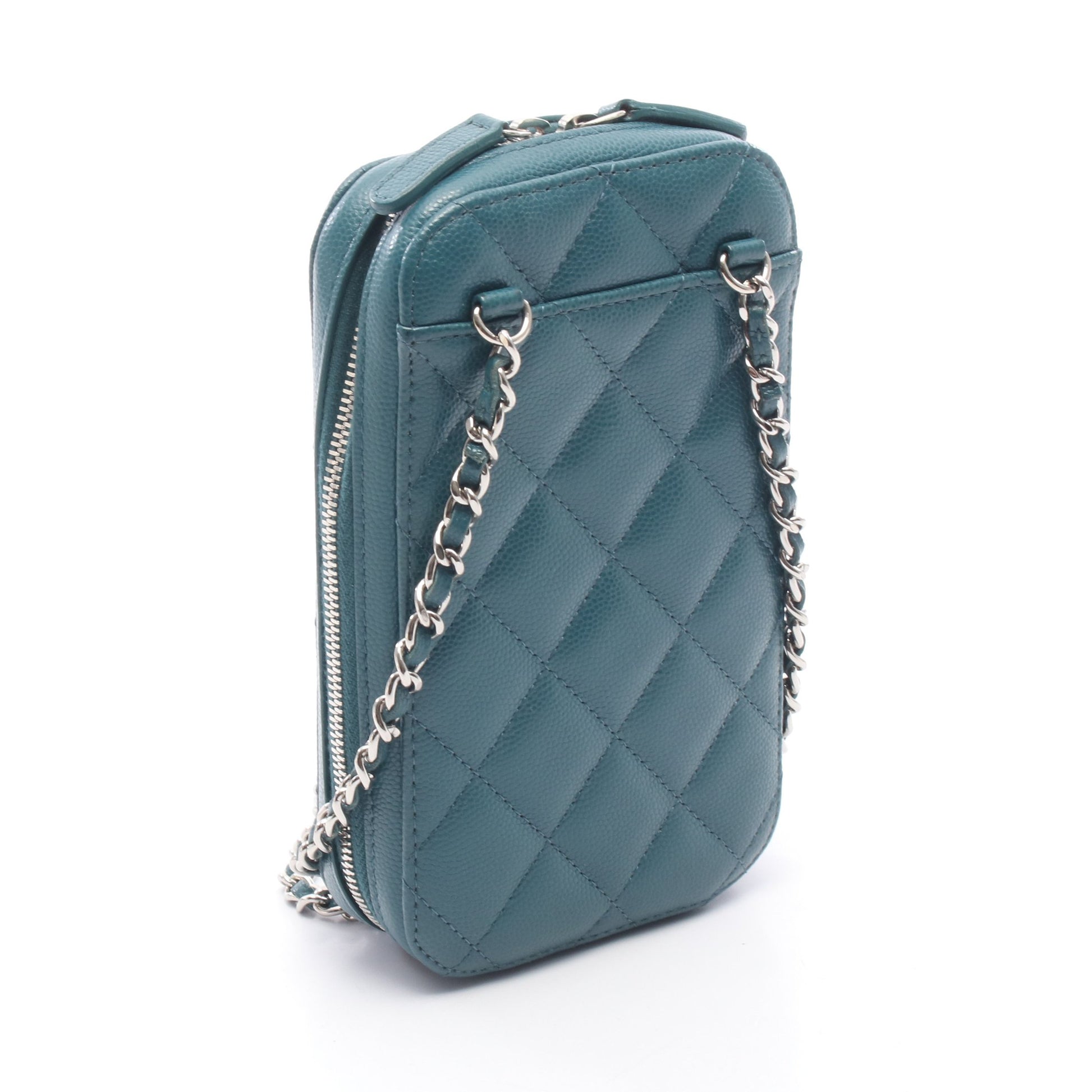 マトラッセ フォンホルダー チェーンショルダーバッグ キャビアスキン ブルーグリーン シルバー金具 シャネル バッグ CHANEL