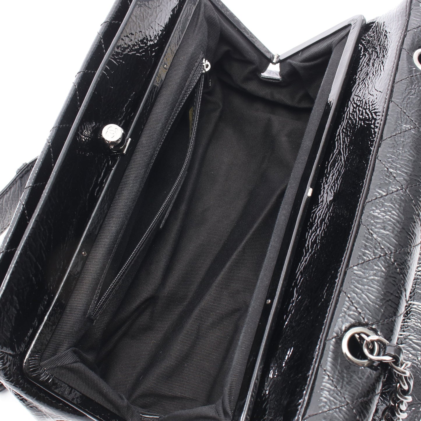 マトラッセ がま口 チェーンショルダーバッグ パテントレザー ブラック シルバー金具 シャネル バッグ CHANEL