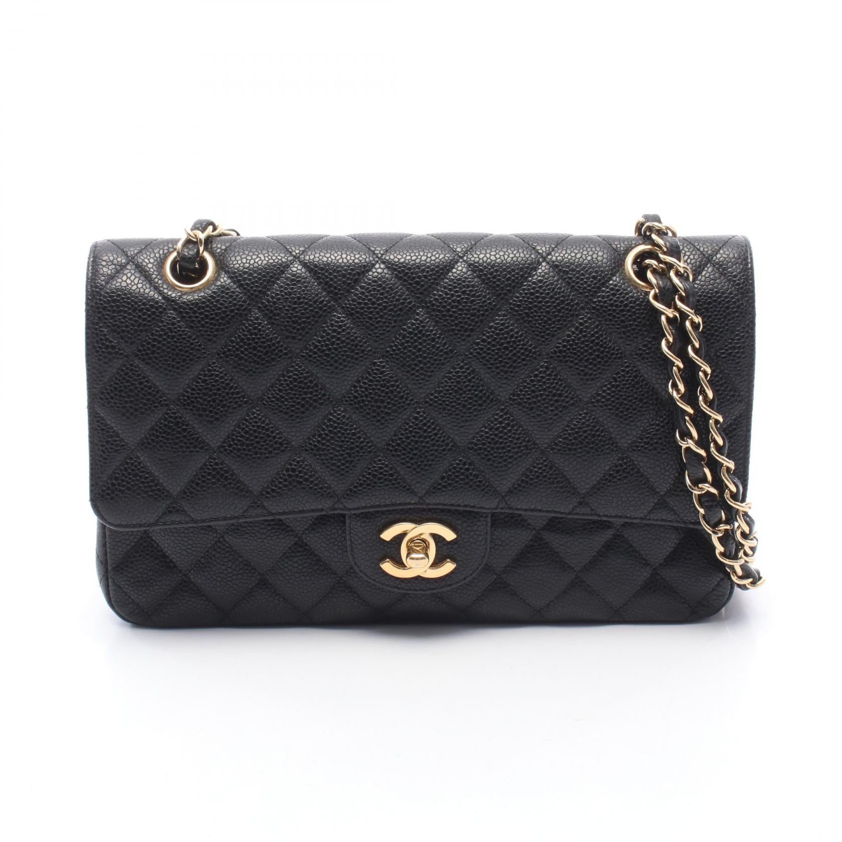 マトラッセ Wフラップ Wチェーンショルダーバッグ キャビアスキン ブラック ゴールド金具 シャネル バッグ CHANEL