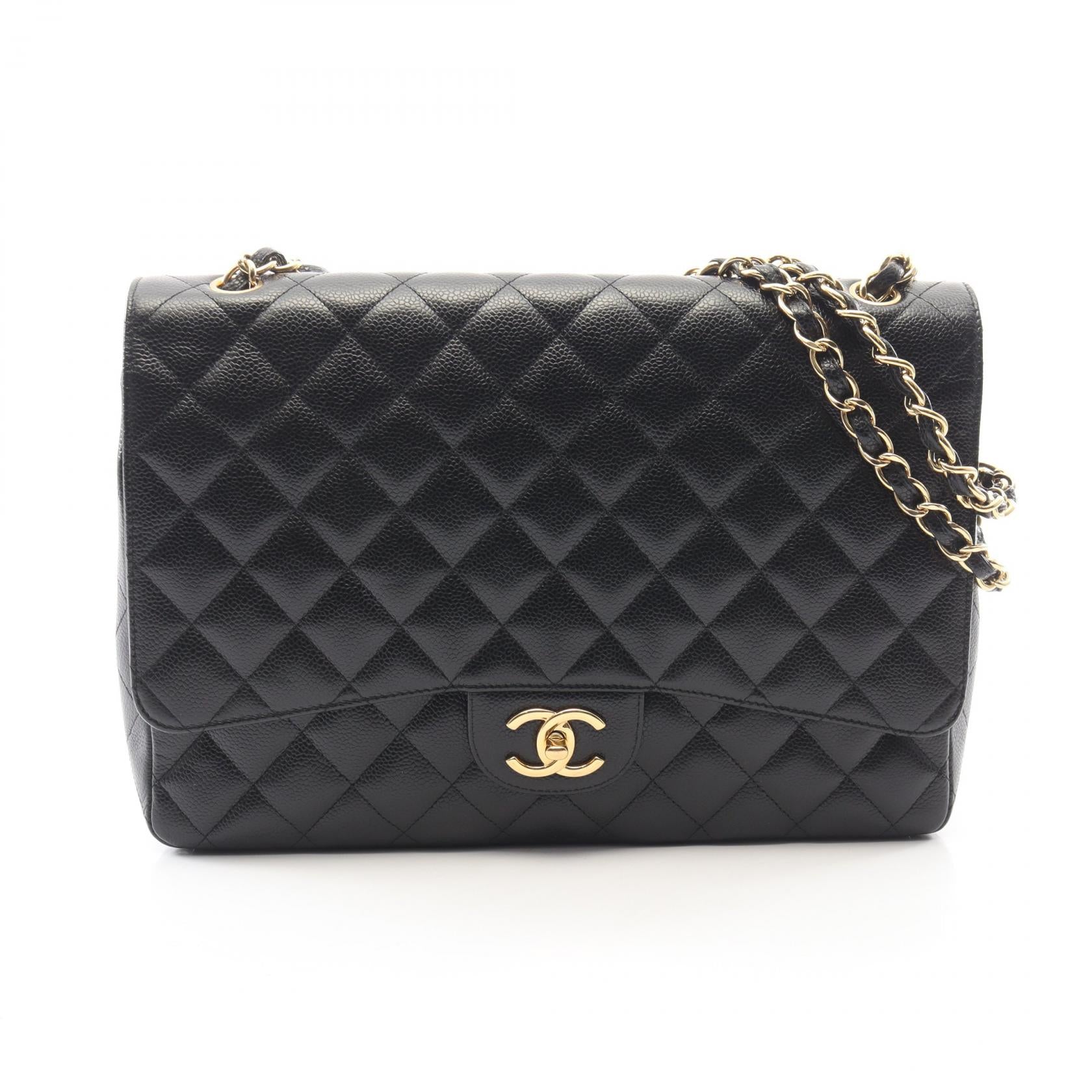 デカマトラッセ シングルフラップ Wチェーンショルダーバッグ キャビアスキン ブラック ゴールド金具 シャネル バッグ CHANEL