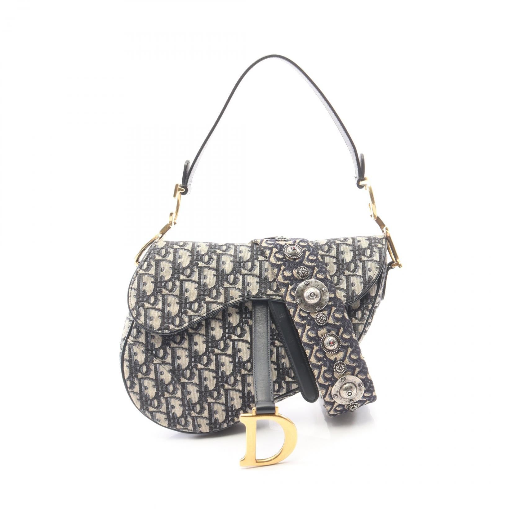 サドルバッグ オブリークジャカード 2WAY ハンドバッグ キャンバス レザー ベージュ ネイビー クリスチャンディオール バッグ Christian Dior