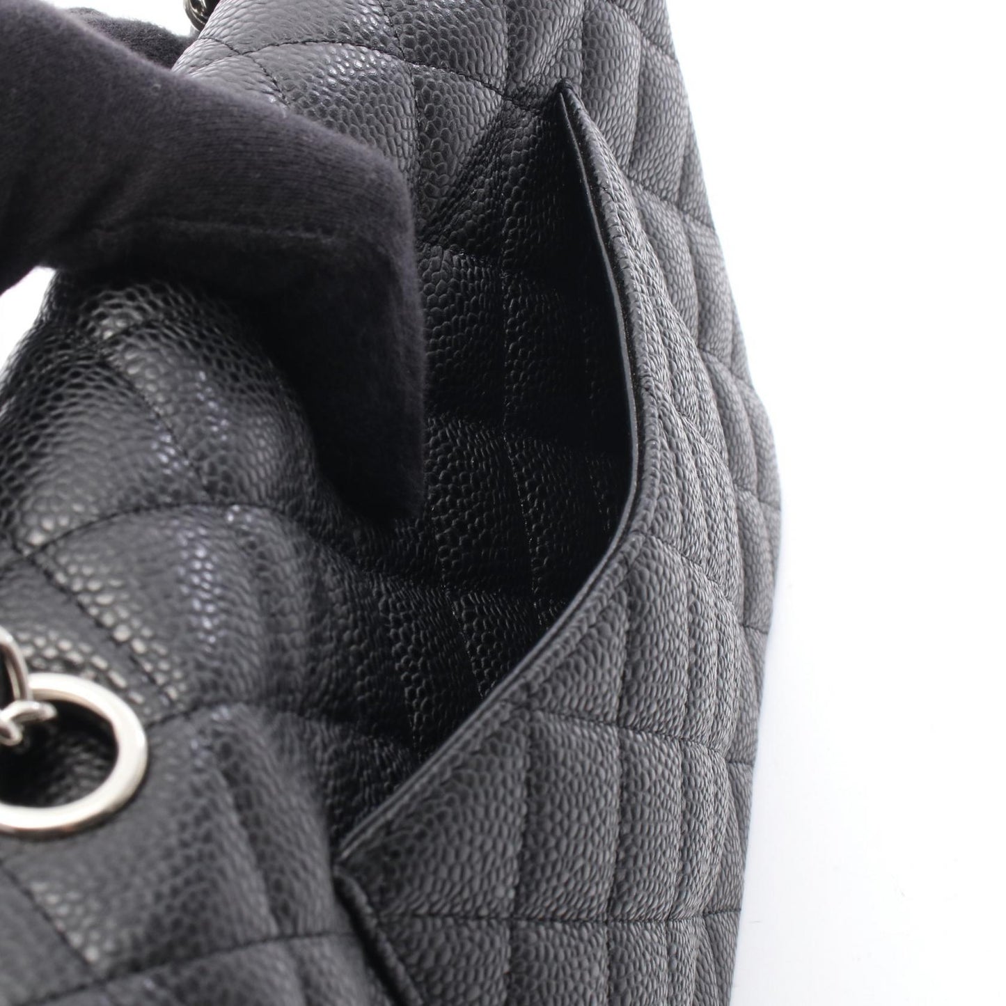 マトラッセ Wフラップ Wチェーンショルダーバッグ キャビアスキン ブラック シルバー金具 シャネル バッグ CHANEL