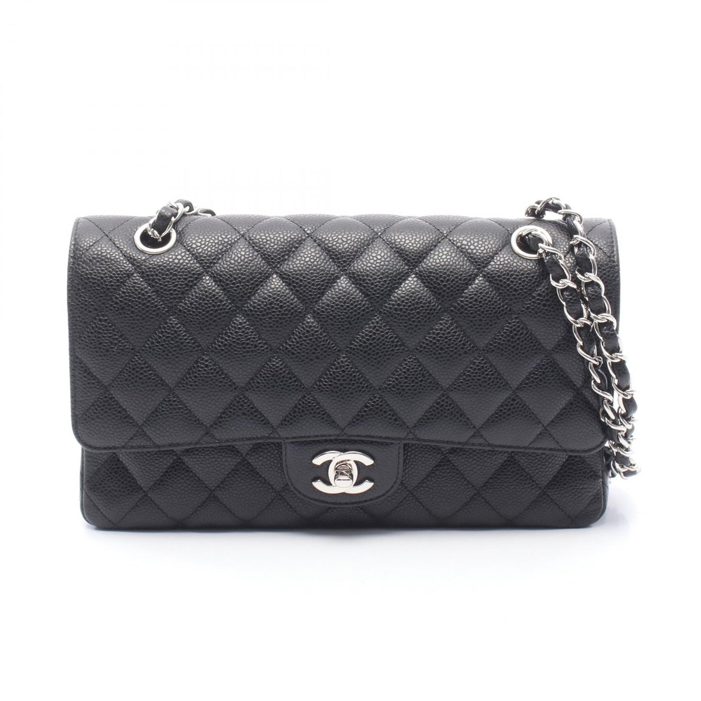 マトラッセ Wフラップ Wチェーンショルダーバッグ キャビアスキン ブラック シルバー金具 シャネル バッグ CHANEL