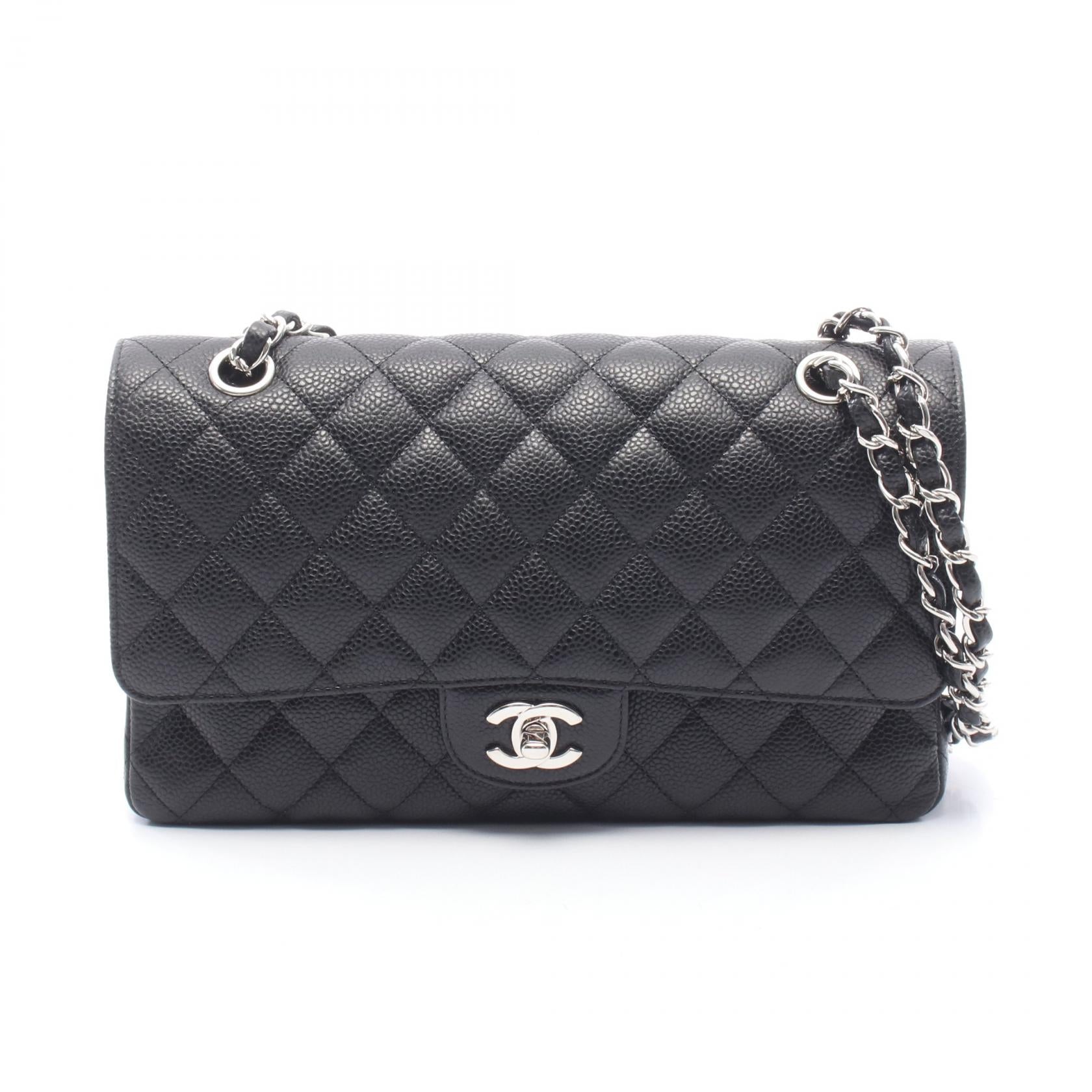 マトラッセ Wフラップ Wチェーンショルダーバッグ キャビアスキン ブラック シルバー金具 シャネル バッグ CHANEL