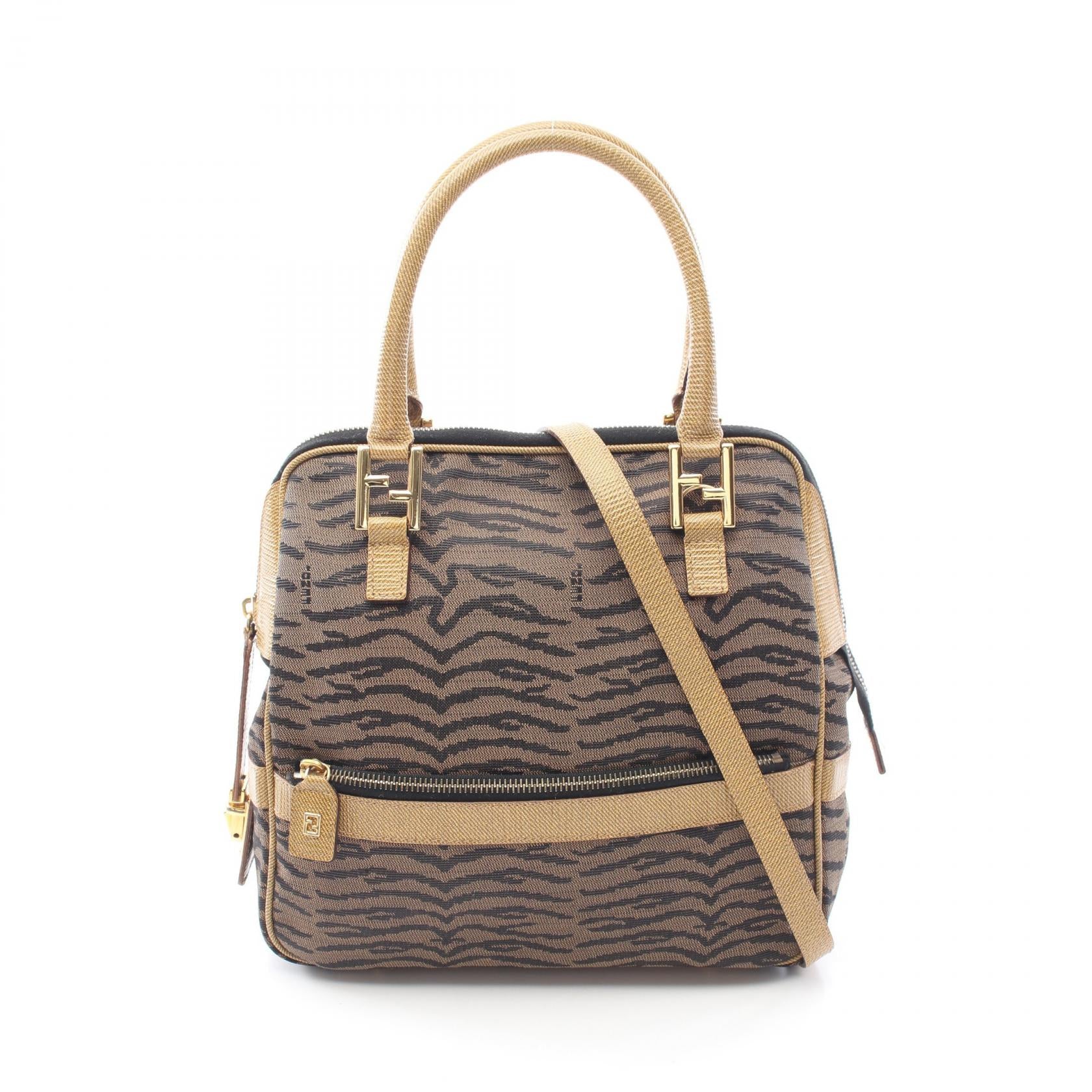 ゼブラ 2WAY ハンドバッグ トートバッグ キャンバス レザー ブラウン イエローブラウン ブラック フェンディ バッグ FENDI