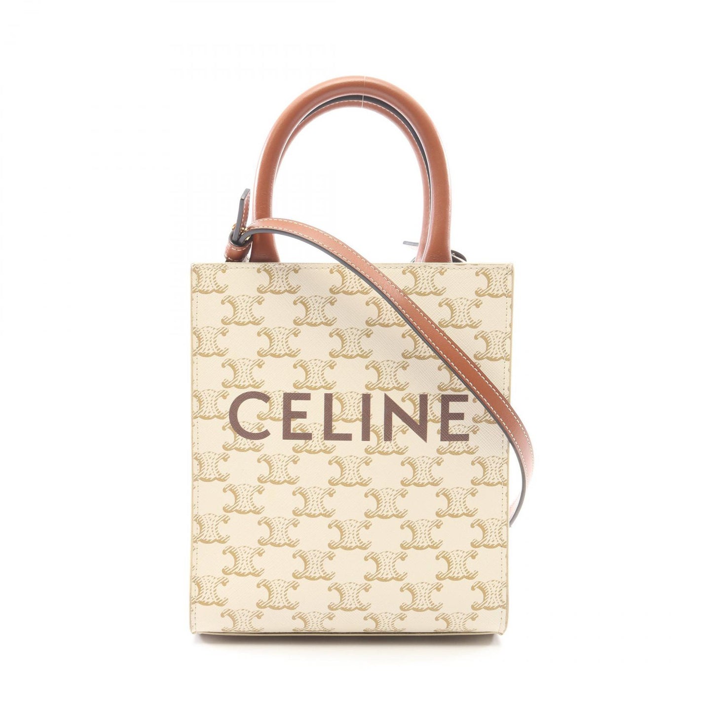 ミニ バーティカル カバ トリオンフ 2WAY ハンドバッグ PVC レザー オフホワイト ブラウン セリーヌ バッグ CELINE