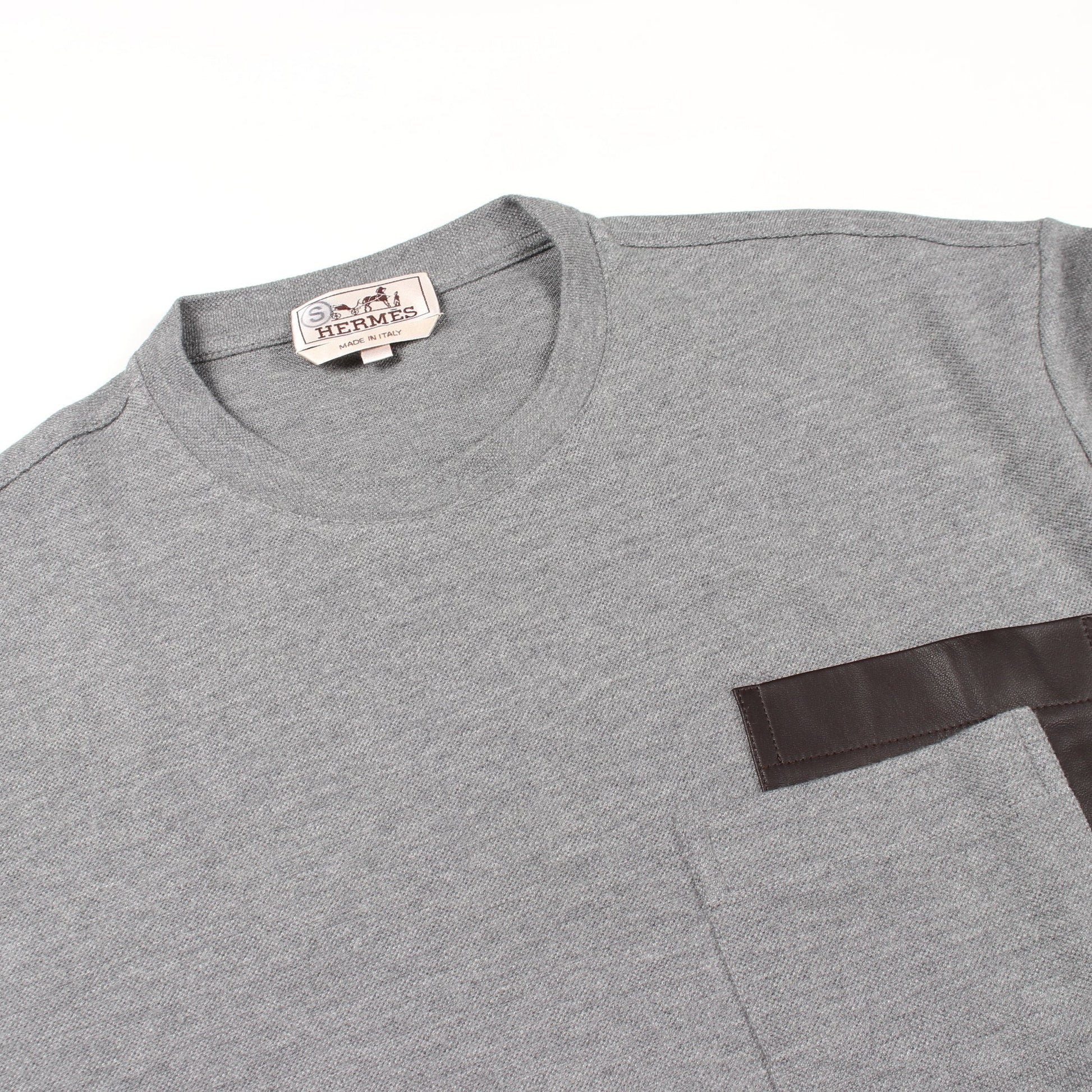 レザーポケット付き 長袖Tシャツ コットン カシミヤ グレー エルメス トップス HERMES