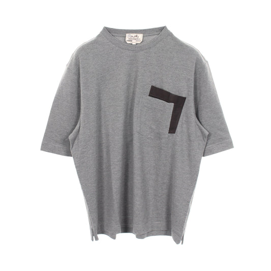 レザーポケット付き 長袖Tシャツ コットン カシミヤ グレー エルメス