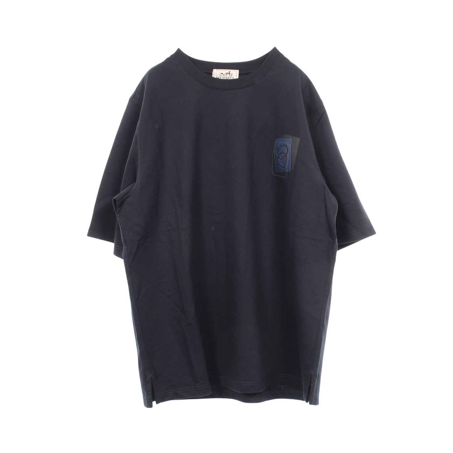 レザーパッチ クルーネック 半袖Tシャツ コットン ネイビー エルメス トップス HERMES