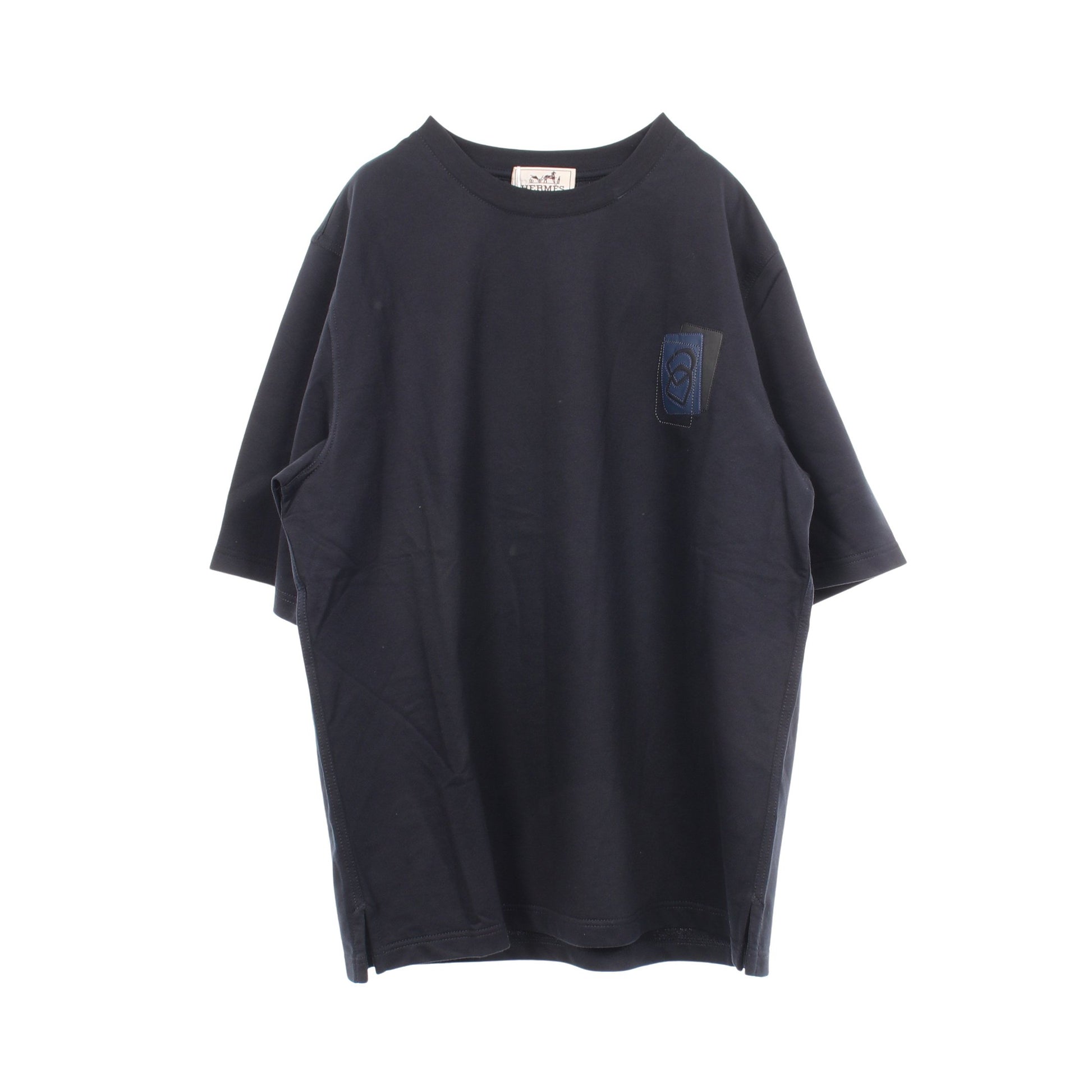 レザーパッチ クルーネック 半袖Tシャツ コットン ネイビー エルメス トップス HERMES