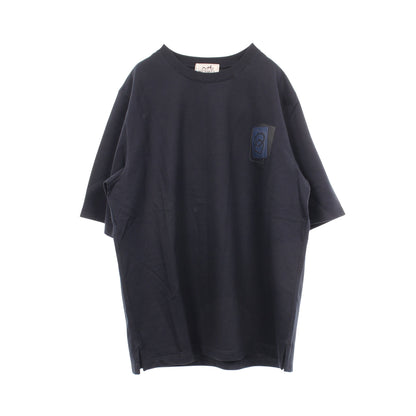 レザーパッチ クルーネック 半袖Tシャツ コットン ネイビー エルメス トップス HERMES