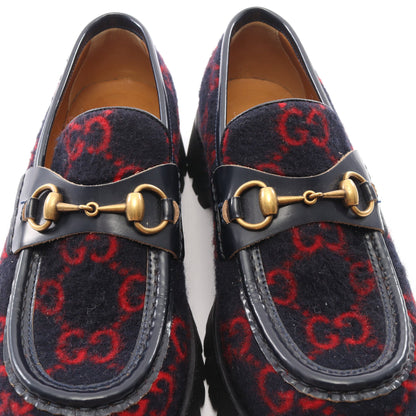 ホースビット GG柄 ローファー ウール レザー ダークネイビー レッド グッチ シューズ GUCCI