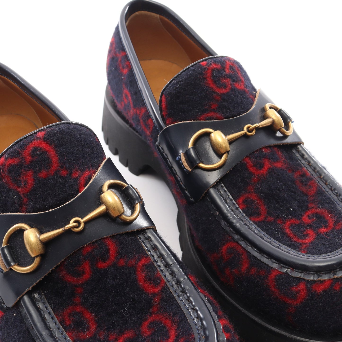 ホースビット GG柄 ローファー ウール レザー ダークネイビー レッド グッチ シューズ GUCCI