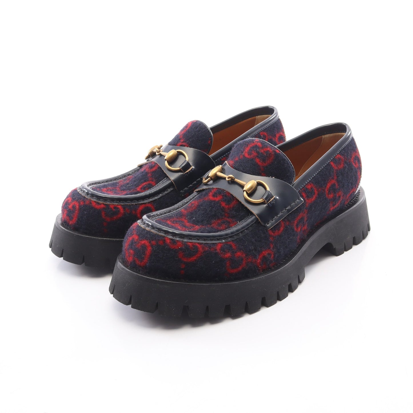 ホースビット GG柄 ローファー ウール レザー ダークネイビー レッド グッチ シューズ GUCCI