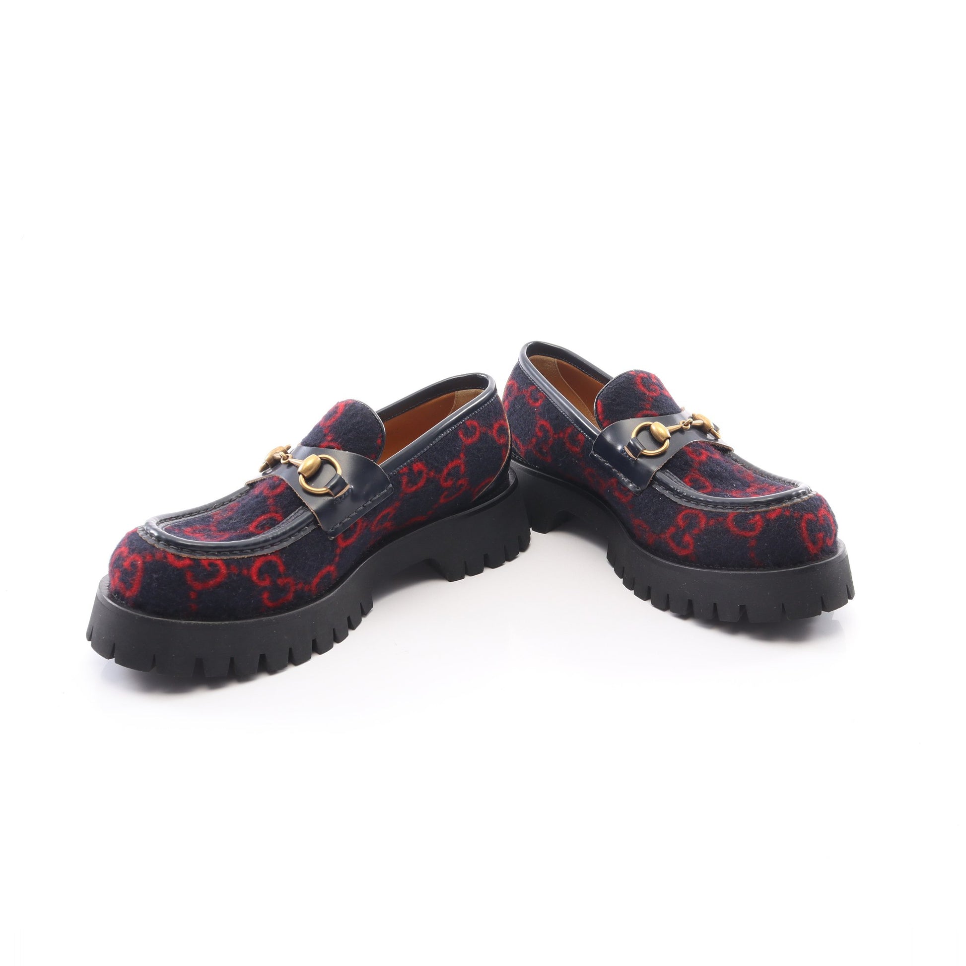 ホースビット GG柄 ローファー ウール レザー ダークネイビー レッド グッチ シューズ GUCCI