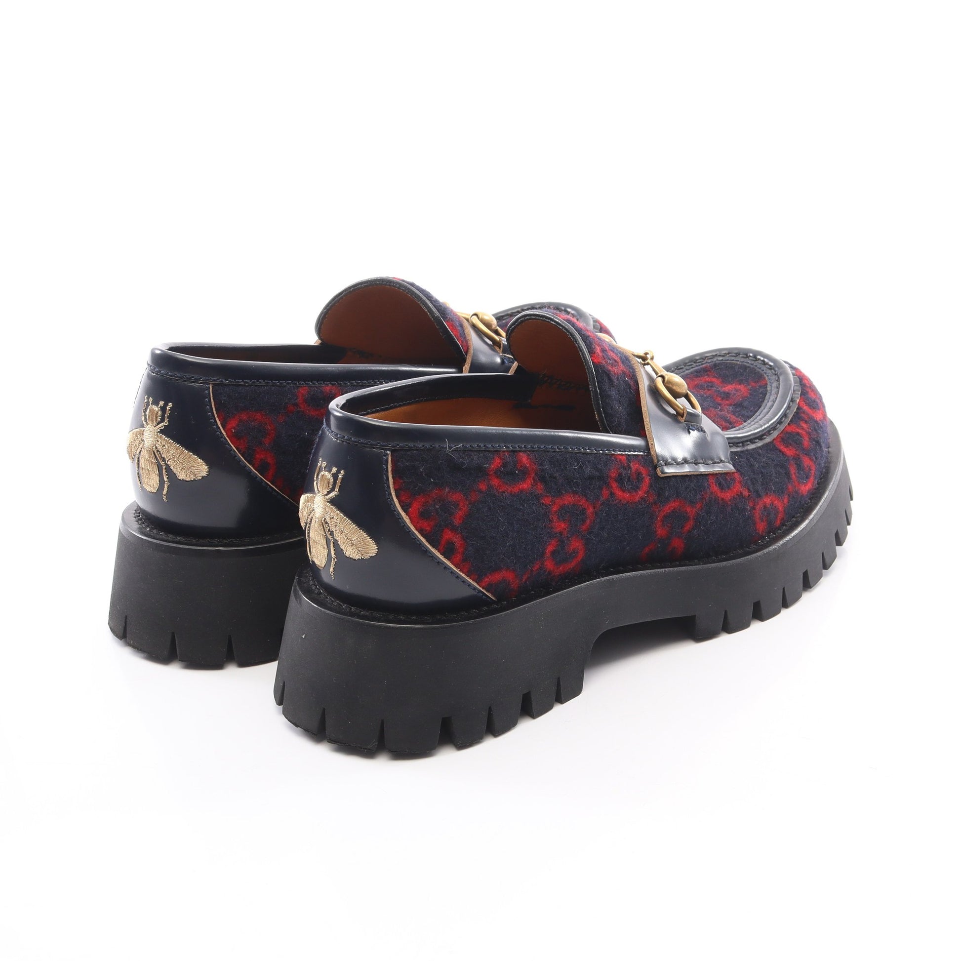 ホースビット GG柄 ローファー ウール レザー ダークネイビー レッド グッチ シューズ GUCCI