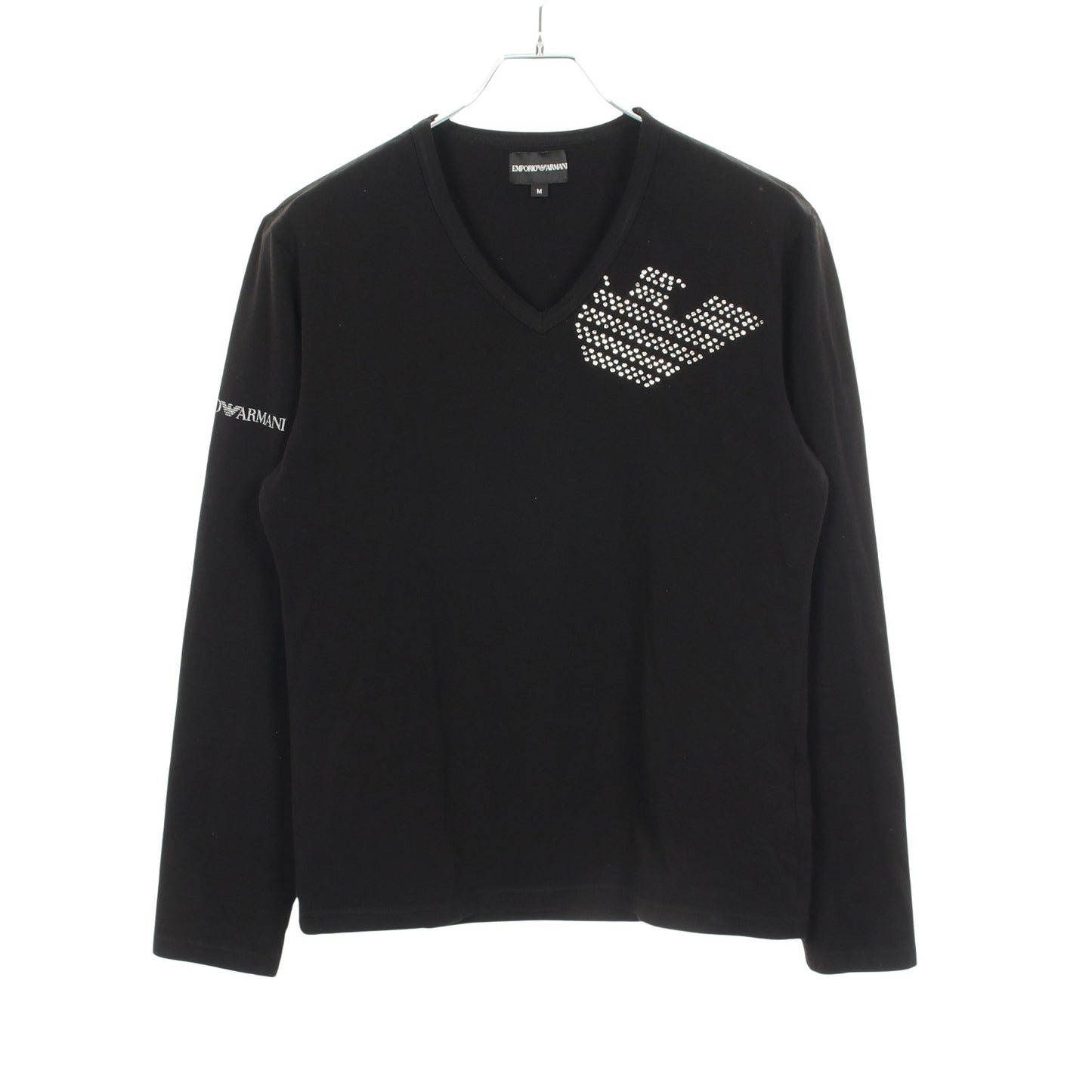 Vネック ラインストーン ロゴ 長袖Tシャツ コットン ブラック エンポリオアルマーニ トップス EMPORIO ARMANI