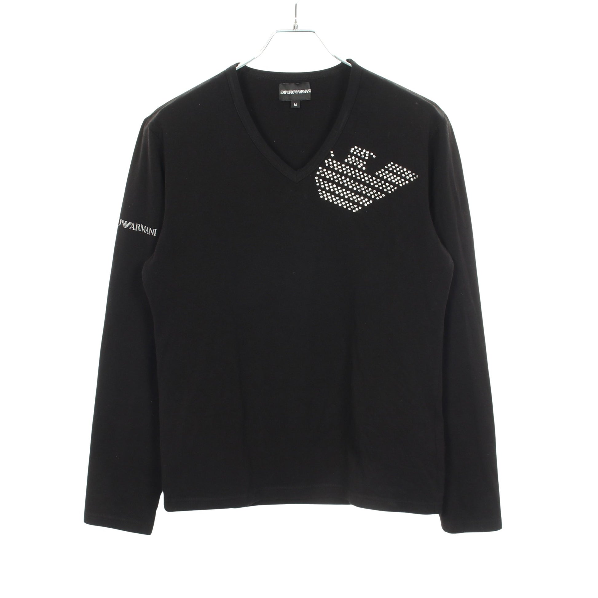 Vネック ラインストーン ロゴ 長袖Tシャツ コットン ブラック エンポリオアルマーニ トップス EMPORIO ARMANI