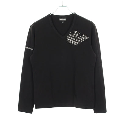 Vネック ラインストーン ロゴ 長袖Tシャツ コットン ブラック エンポリオアルマーニ トップス EMPORIO ARMANI
