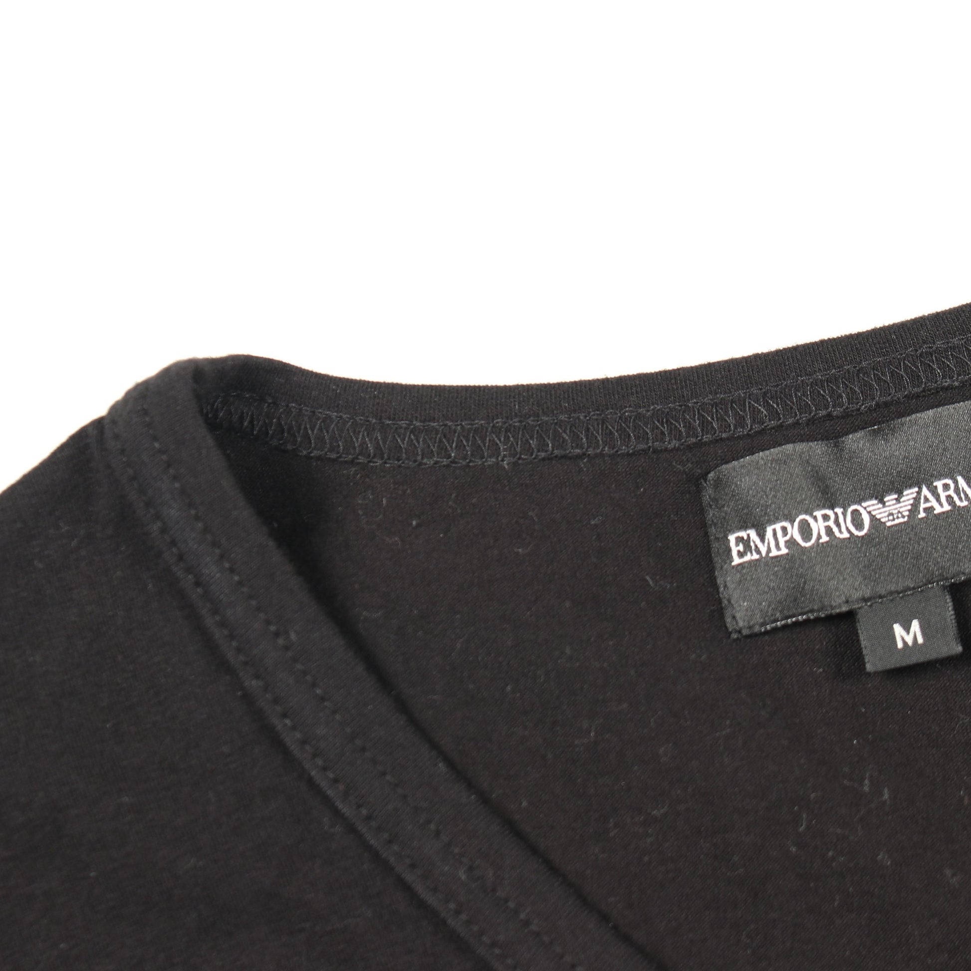 Vネック ラインストーン ロゴ 長袖Tシャツ コットン ブラック エンポリオアルマーニ トップス EMPORIO ARMANI