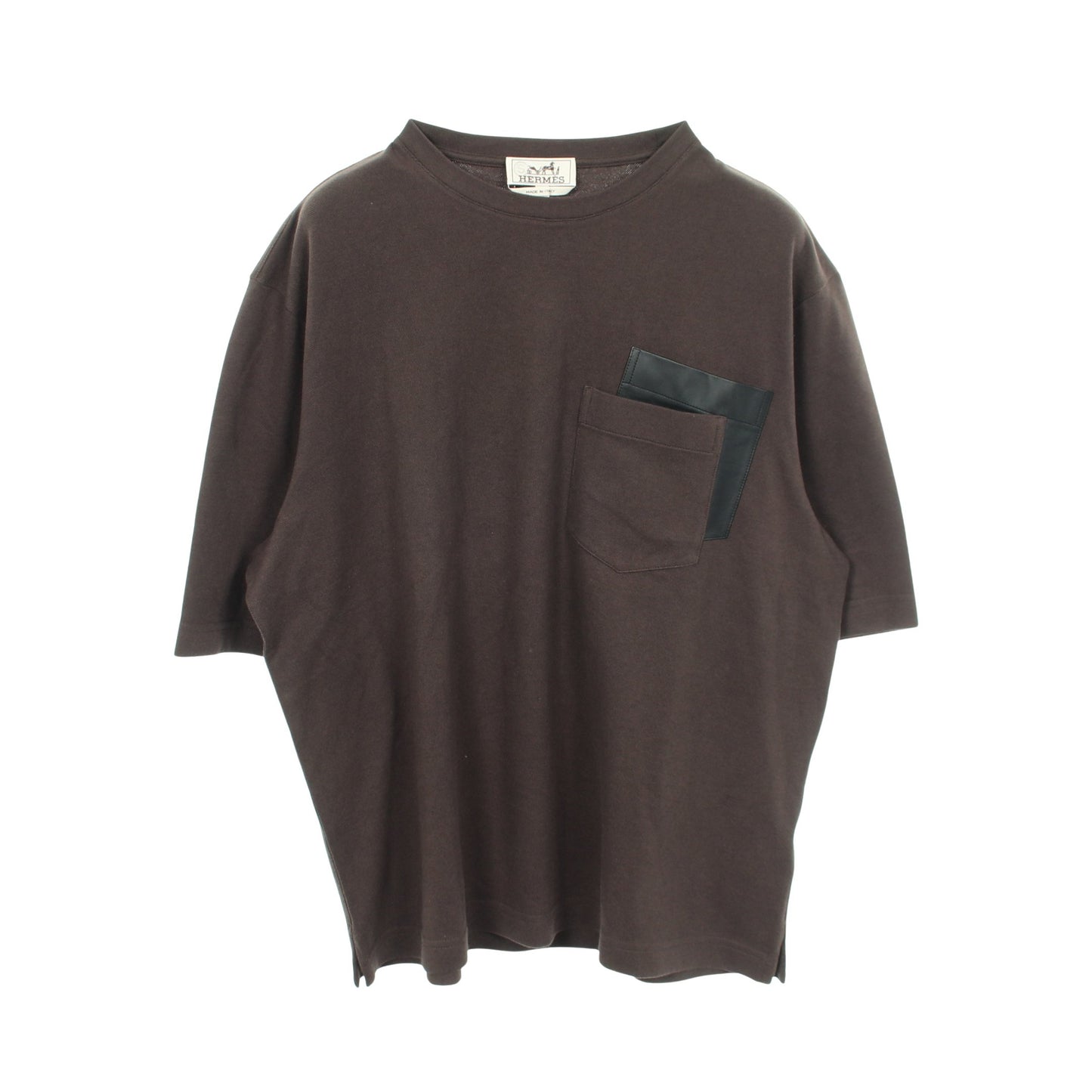 レザーパッチ クルーネック 半袖Tシャツ コットン ダークブラウン ブラック エルメス