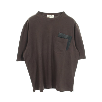 レザーパッチ クルーネック 半袖Tシャツ コットン ダークブラウン ブラック エルメス