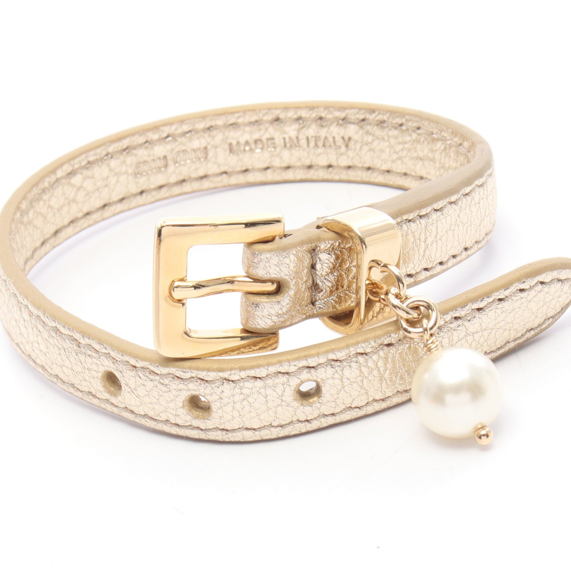 ブレスレット レザー フェイクパール シャンパンゴールド オフホワイト ミュウミュウ アクセサリー miu miu