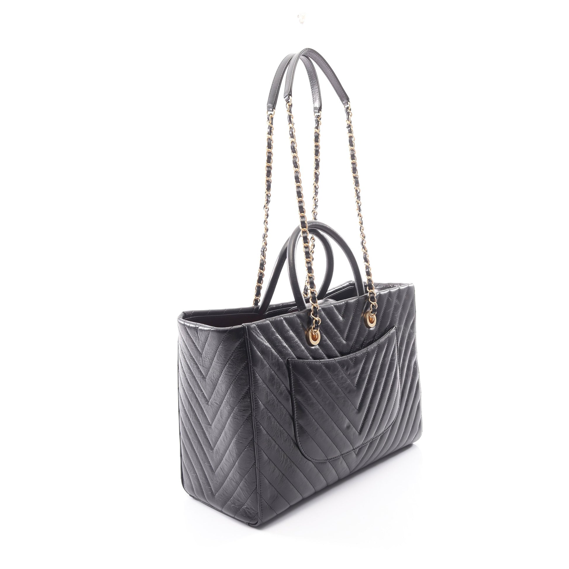 Vステッチ 2WAY チェーンショルダーバッグ チェーントートバッグ レザー ブラック ゴールド金具 シャネル バッグ CHANEL
