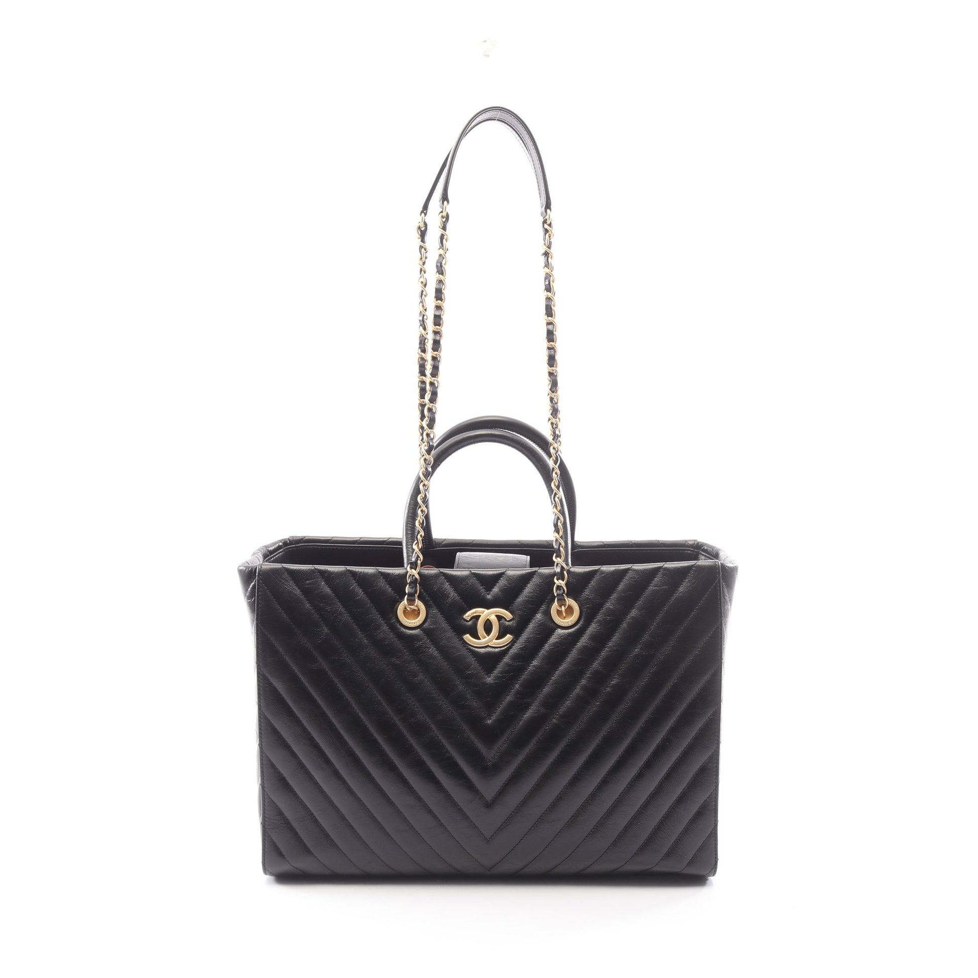 Vステッチ 2WAY チェーンショルダーバッグ チェーントートバッグ レザー ブラック ゴールド金具 シャネル バッグ CHANEL