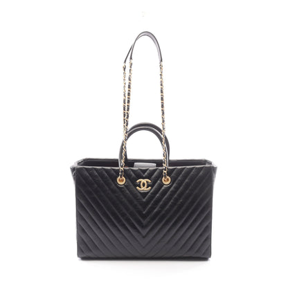 Vステッチ 2WAY チェーンショルダーバッグ チェーントートバッグ レザー ブラック ゴールド金具 シャネル バッグ CHANEL