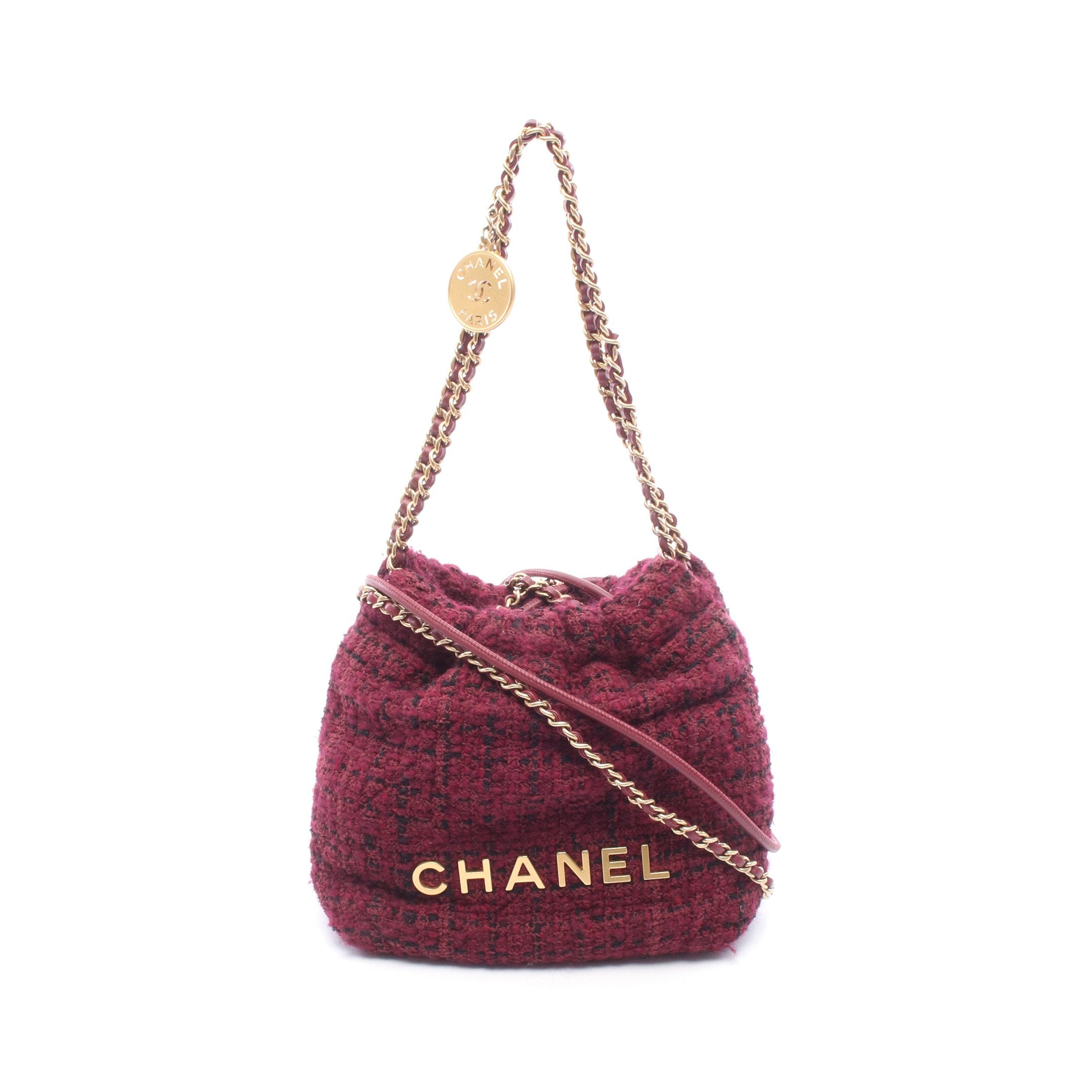 CHANEL 22 ミニ チェーンショルダーバッグ ツイード レザー ボルドー
