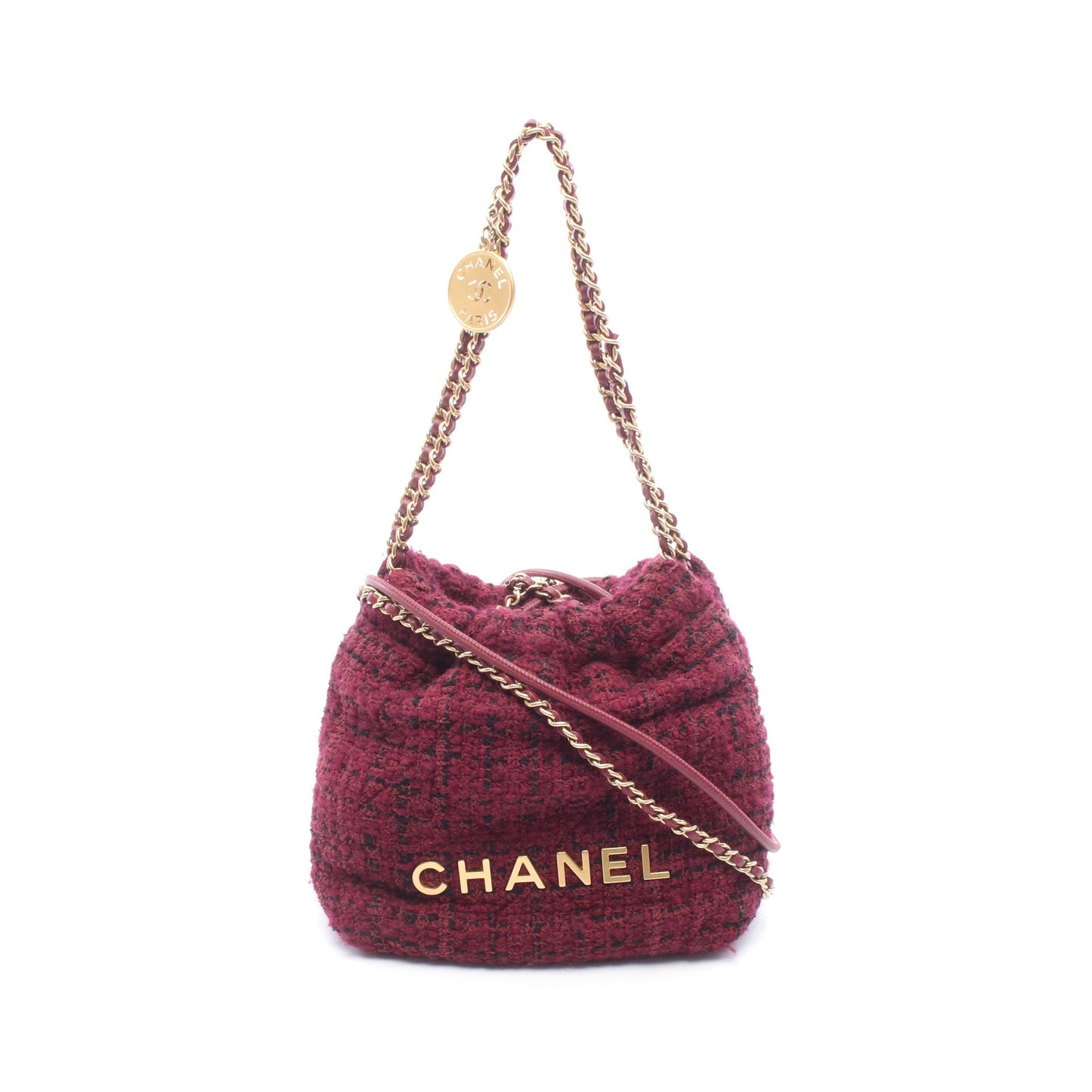 CHANEL 22 ミニ チェーンショルダーバッグ ツイード レザー ボルドー ブラック ゴールド金具 シャネル バッグ CHANEL